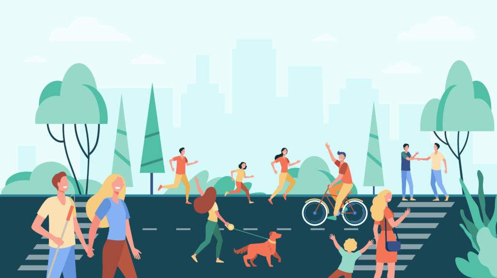 Crowd of people practicing activities and enjoying leisure on street near city park. Man, woman, kind walking dog, cycling, jogging. Vector illustration for active lifestyle, sport, town concept