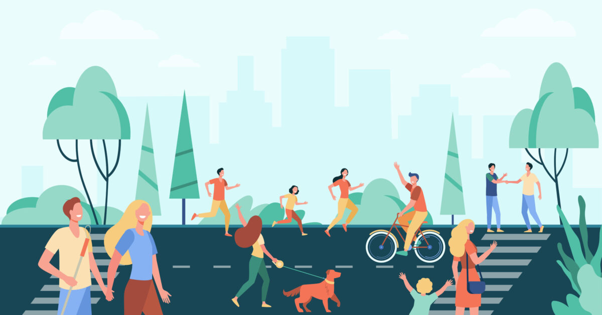 Crowd of people practicing activities and enjoying leisure on street near city park. Man, woman, kind walking dog, cycling, jogging. Vector illustration for active lifestyle, sport, town concept