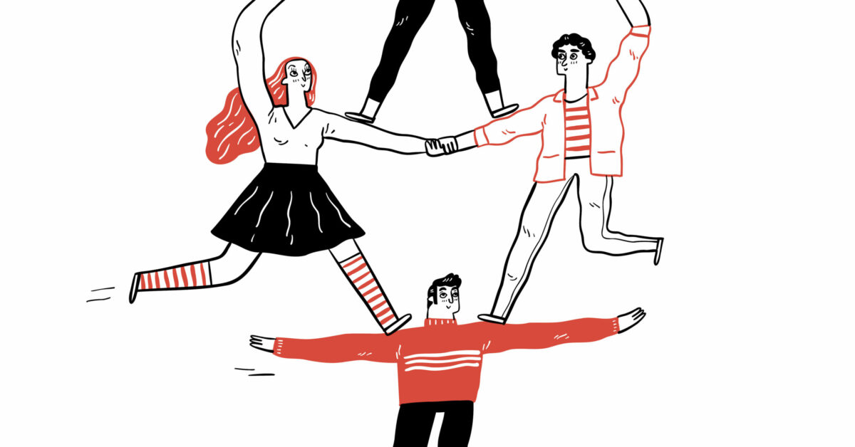 An employee or group of people performing acrobatics, Hand drawn vector illustration doodle style.